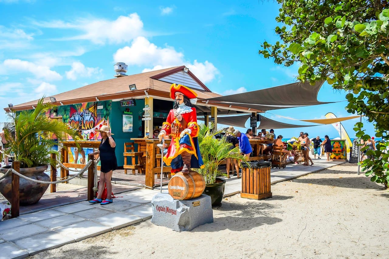 Captain Morgan greets you at the entrance and reminds you about the drinks our friendly staff serves you at Coco Loco Beach Bar & Restaurant