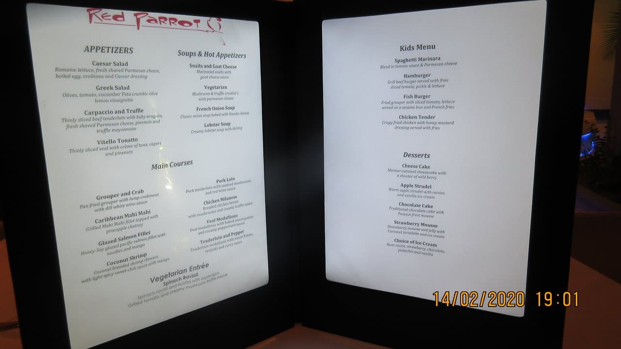 Menu at the Red Parrot