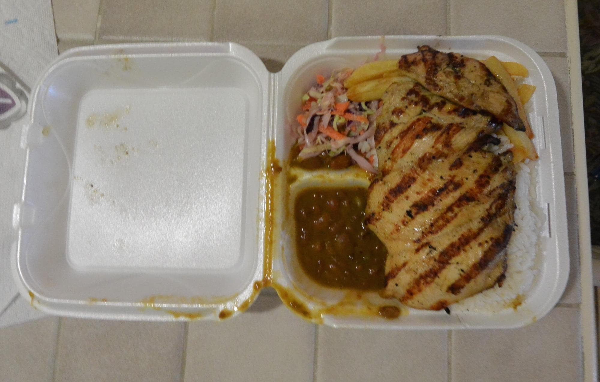 Grilled chicken take-away from Shoco Snack, Aruba.