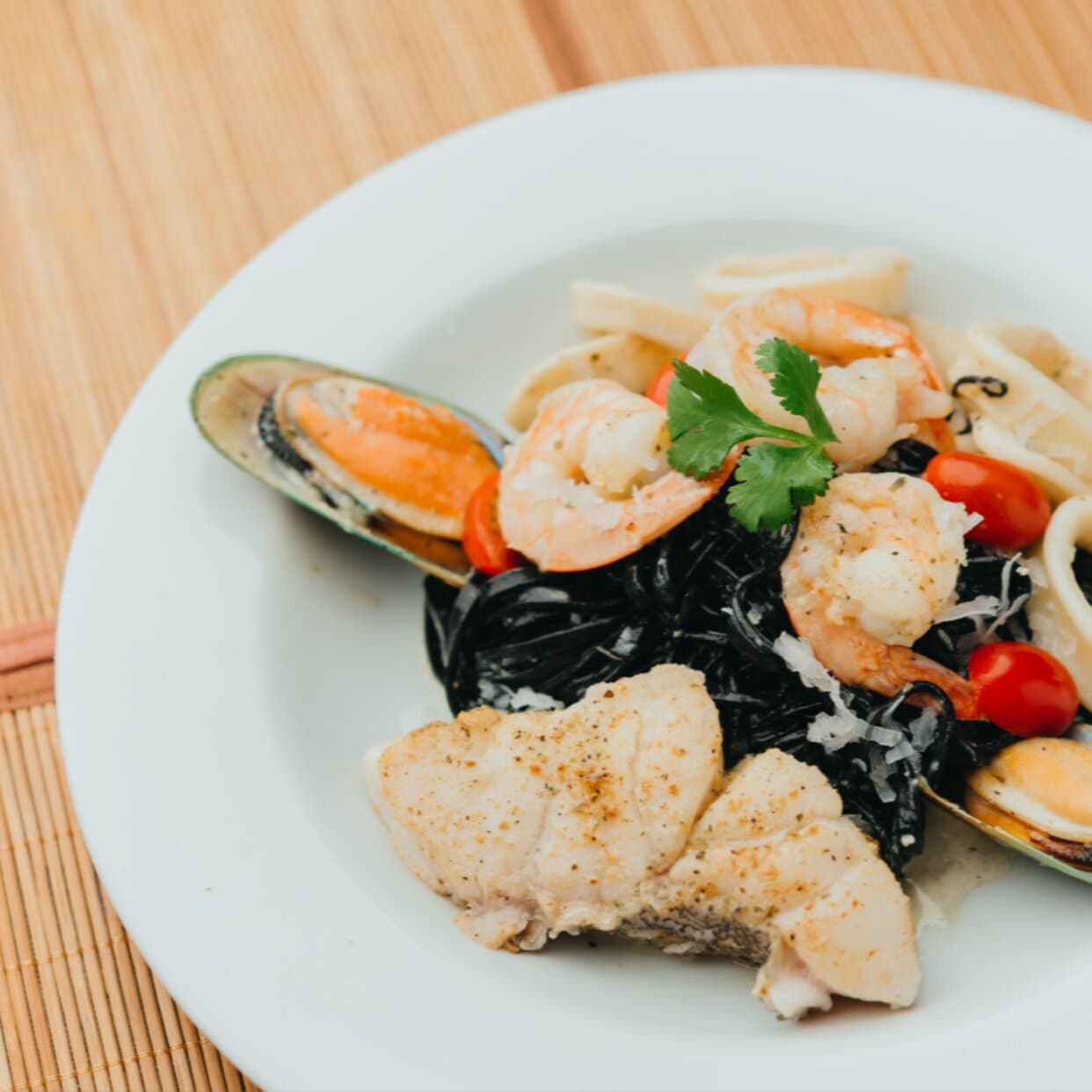 Asian seafood  black pasta