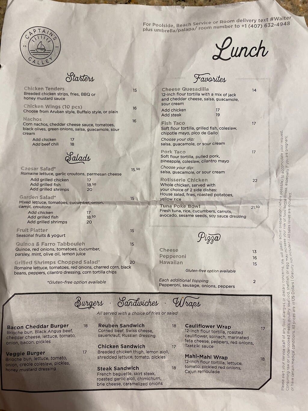 Lunch menu items at Captain’s Galley - March 2021.  Posting because I couldn’t find the menu online when I was looking.  You can eat poolside at Marriott’s Surf Club.