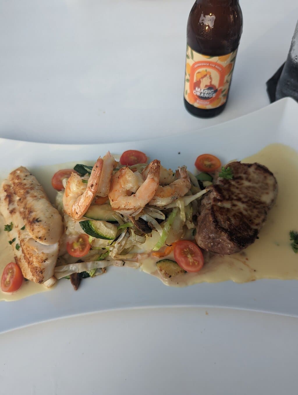Seabass, shrimp and steak. Perfectly cook and tasted great