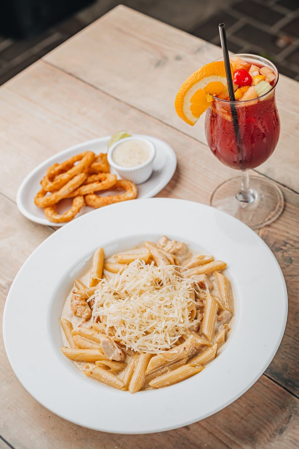 Fried Calamari and Chicken Alfredo Pasta
