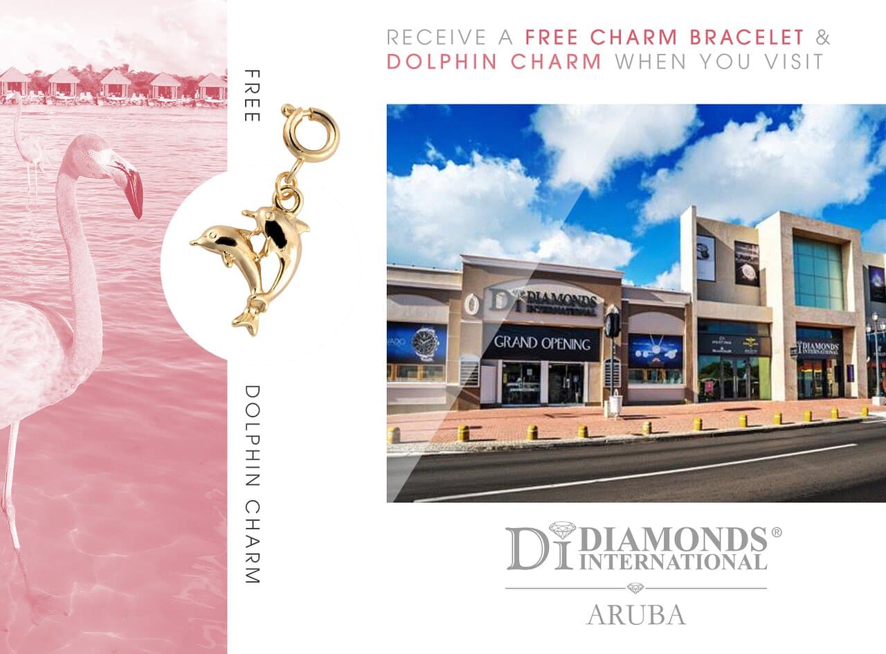 Receive a Free Charm Bracelet & Dolphin Charm When You Visit Diamonds International Aruba.