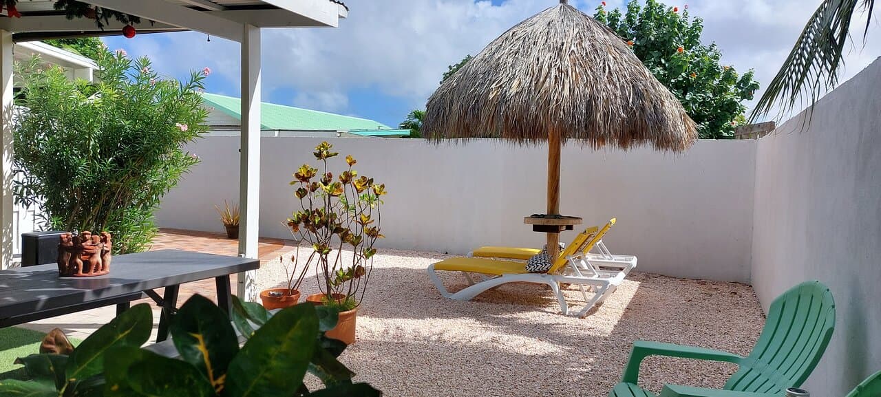Lounge area with a palapa and sun beds