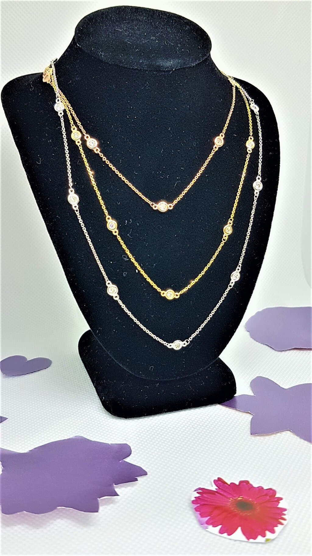!!!ON A FLASH SALE!!! 14KT Gold Diamond by Yard Necklace with 10 Bezel Diamonds around the Neck Line. Uber Chic and Dainty, wear it by itself or layered. Comes with a 16"- 17" -18" adjustable chain, and available in Yellow, White, and Rose Gold.